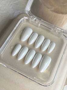 MXYIYANR 10片白色杏仁形手工美甲贴纸，亮面，白色，简约风格，适合婚礼、派对、日常装饰，附赠甲油胶和指甲锉。 - 白色 - 查看 4