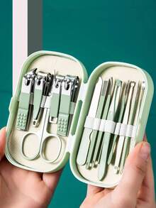 14/8件套不锈钢美甲套装，指甲护理工具套装，含指甲钳，蓝色/粉色/绿色，塑料盒 - 淺粉色 - 查看 5