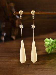 一对优雅波西米亚风绿色水滴树脂金半圆耳钉，巴洛克仿珍珠铜链流苏，菱形树脂串珠，玻璃亮片镶嵌耳钉，四叶树脂块，红色水滴吊坠耳环，新款宝石耳钉，棕色花朵水滴长流苏耳环，不规则巴洛克亮片红绿树脂吊坠，多种花朵树脂颜色可选，适合度假和派对佩戴，专为性感迷人的女士设计 - 彩色 - 查看 3