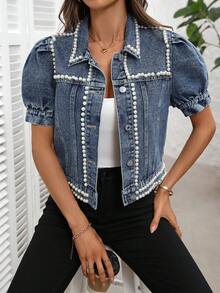 Chaqueta vaquera de mujer de estilo vintage con remaches y decoración de perlas falsas, look retro - Azul - Ver 3