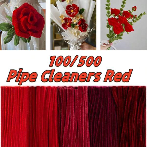 [Paquete a granel de 100/500 piezas] Limpiapipas de chenilla rojo intenso - Tallos ultra densos y flexibles de 6 mm x 30 cm para manualidades DIY, decoración del hogar, limpieza de pipas y actividades infantiles - Núcleo de alambre flexible, perfecto para artes, proyectos escolares y decoración navideña