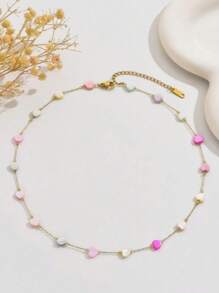 1pc Cute Heart Shaped Stainless Steel Beaded Necklace, Suitable For Date Wear Or As Valentine's Day Gift For Lover