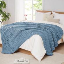Chunky Knit Blanket - Soft Chenille Yarn Throws 40x50: Handmade Thick Cable Crochet Blanket - Large Chunky Yarn Rope Knot Throw For Couch, Sofa, Bed Home Decor - 空氣藍 - 查看 1