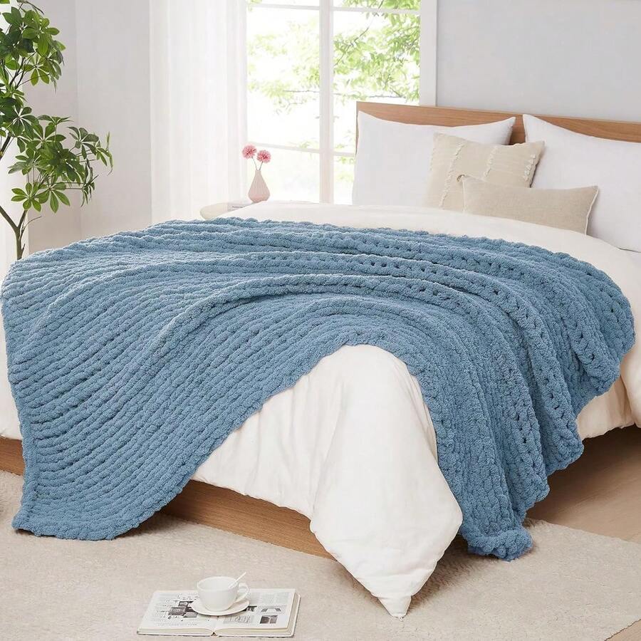 Chunky Knit Blanket - Soft Chenille Yarn Throws 40x50: Handmade Thick Cable Crochet Blanket - Large Chunky Yarn Rope Knot Throw For Couch, Sofa, Bed Home Decor - 空氣藍 - 查看 1