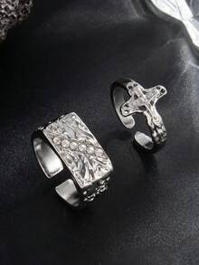 1 Set (2pcs) Men's Fashion Zinc Alloy Square Rhinestone Cross Midi Rings - Silver - View 3