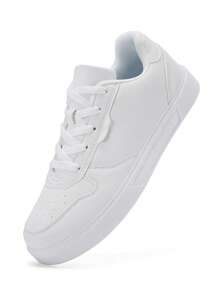 Unisex White Lace-Up Casual Sneakers, Minimalist Patchwork Design Skateboard Shoes, Versatile For Daily, Sports, Campus & Street Wear, Couple Style