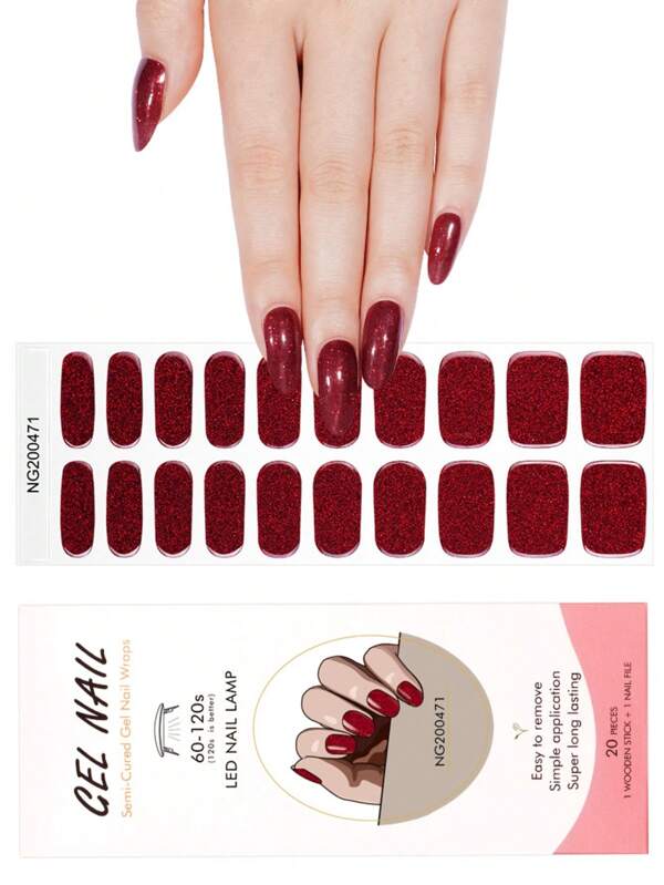1 Caja de Pegatinas de Esmalte de Uñas de Gel Natural UV, Lentejuela Roja Clásica Semiendurecida, Pegatinas de Gel para 20 Dedos, Fácil de Aplicar y Retirar