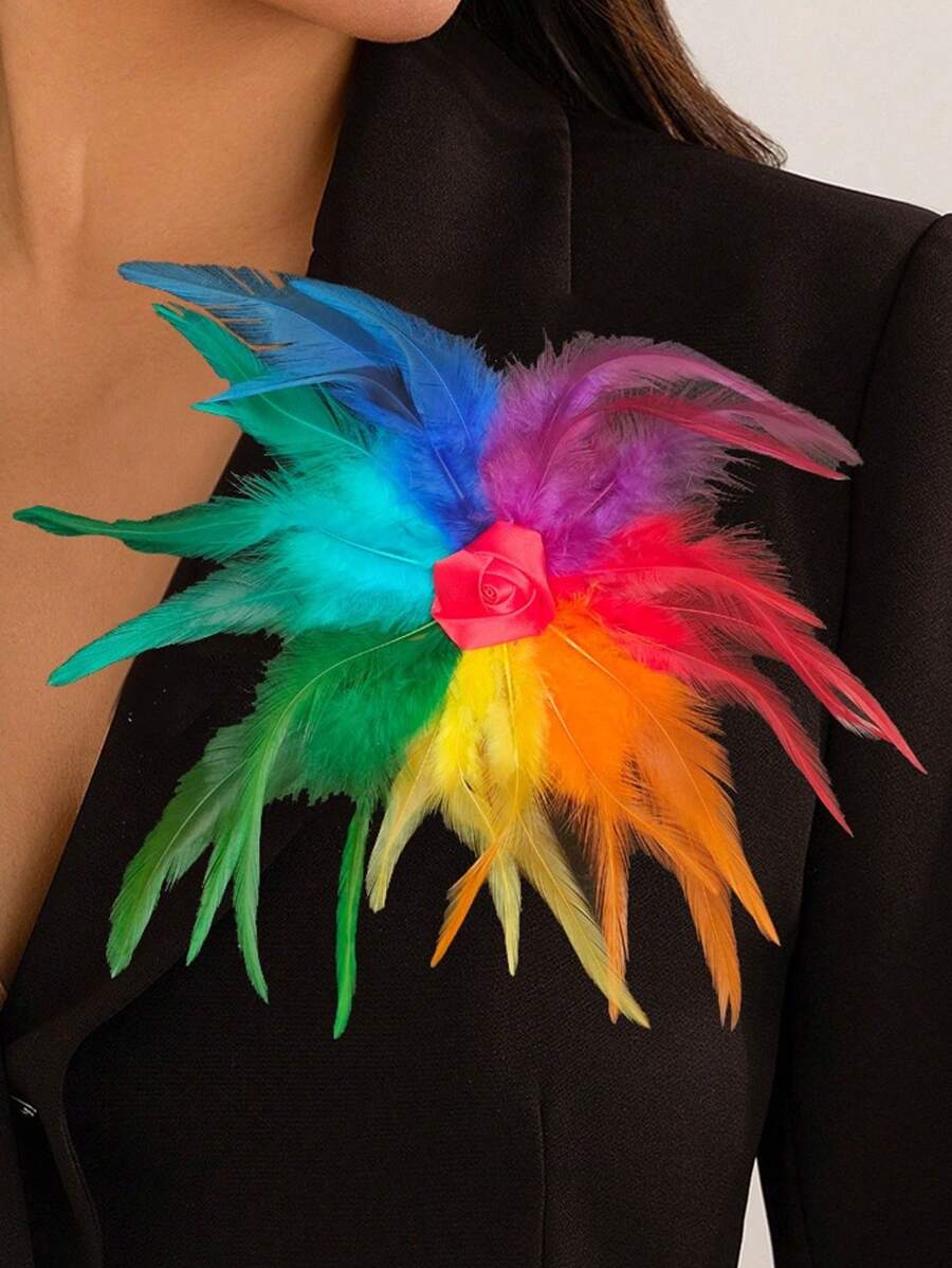 1pc Multi-Color Feather Decorated Brooch, For Women