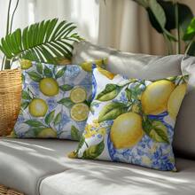 4 pièces Set de housse de coussin thème citron bleu d'été, imprimé sur un seul côté en velours pêche, 45*45CM/18*18 pouces, pour la décoration d'un canapé moderne, la décoration de fête, un cadeau