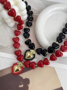 1 pieza Collar con colgante de perla de resina de estilo elegante y lujoso Y2K, con cuentas de cobre en forma de corazón, color rojo, regalo de joyería para hermanas, parejas, adecuado para el Día de San Valentín, citas, fiestas, bodas, vacaciones, Navidad, usar joyería roja - collar - View 4
