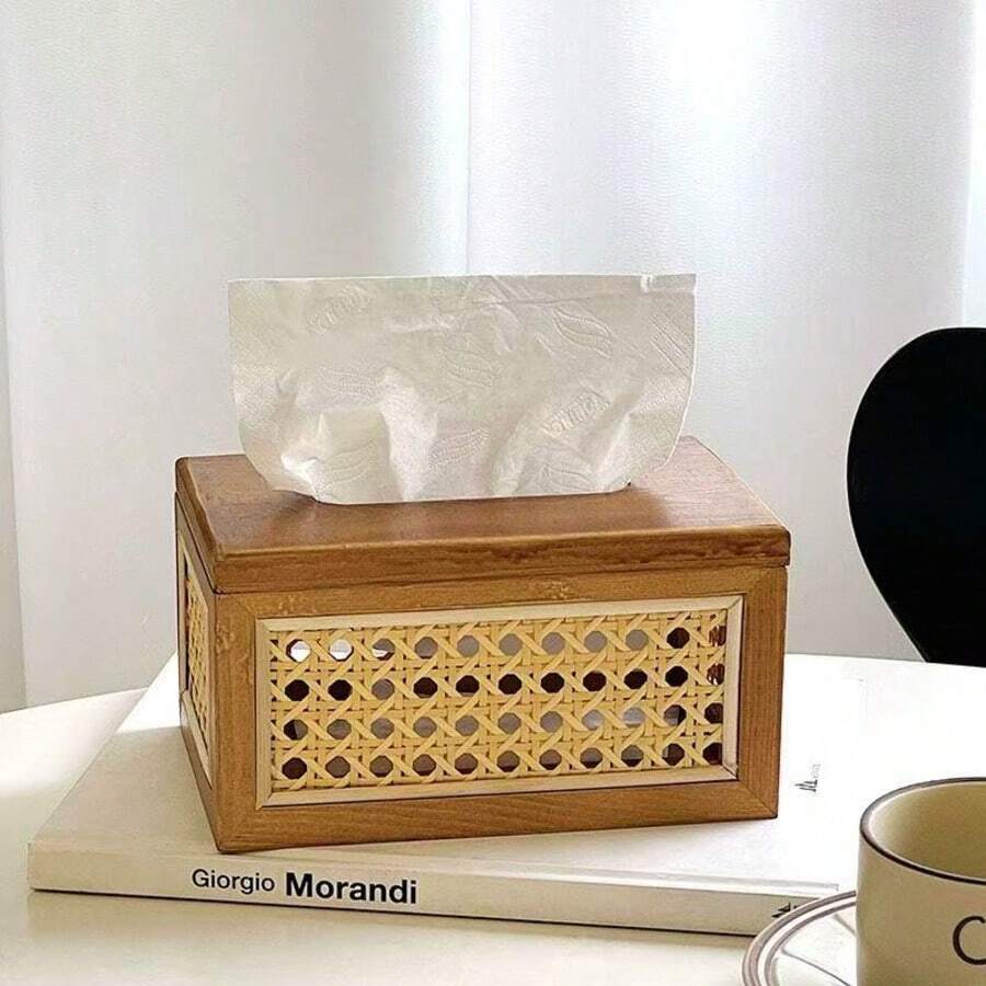 Vintage Rattan Desktop Paper Towel Holder Box, Home Dining Table, Bedroom, Living Room, Lightweight Luxury Tissue Box - Multicolor - View 1