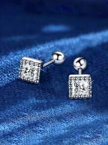 1 Pair S925 Sterling Silver Minimalist Square Diamond Screw Back Earrings, Small Dainty Cartilage Stud Earrings, Non-Piercing Clip-On Style, Fresh Elegant Layering Earrings, Gift