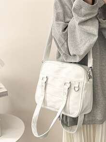 Minimalist Solid Color PU Leather Tote Bag For Women, Simple Fashion OL Commuter Handbag With Large Capacity, Shoulder Bag - White - View 4