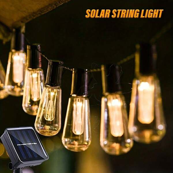 LED Solar String Lights IP44 Outdoor Christmas Decoration Light Bulbs Vintage Holiday Wreath Garden Furniture Fairy Lights For Patio, Gazebo, Porch, Camping
