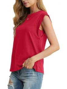 GRECERELLE Women 2025 Cap Sleeve Tops Summer Casual Tee Shirt Loose Crew Neck Basic Tank  Work Vacation Outfits (S-2XL) - Red - View 4