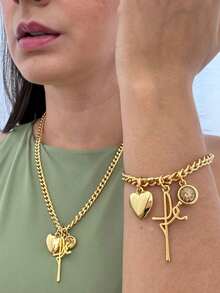 Pulseira semi joia 3 pingentes com verniz italiano - Dourada - Visão 3