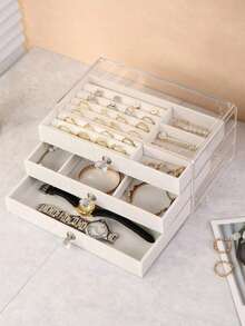 1pc Three-Layer Acrylic Flannel Jewelry Box, Drawer Type Jewelry Organizer, Necklace Earrings Ring Jewelry Storage Box, Gift For Women And Girls