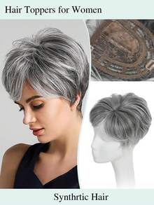 Natural Black Short Hair Topper With Bangs Relaxed Pixie Cut Clip In Hair Topper For Women With Thinning Hair Synthetic Hair Top Hairpieces