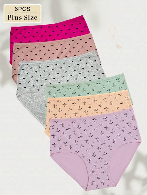 Pacote com 6 peças de roupa íntima feminina plus size, calcinhas triangulares de algodão respirável com borboletas e corações, conforto casual - básico casual - esportivo romântico - romântico campestre - francês fofo - inocente fofo - charmoso maduro elegante - regular charme maduro - luxuoso romântico - retrô tecido de malha palácio com laço grande coração, primavera/outono/inverno, primavera/verão/outono, outono/inverno, primavera/verão, primavera/outono