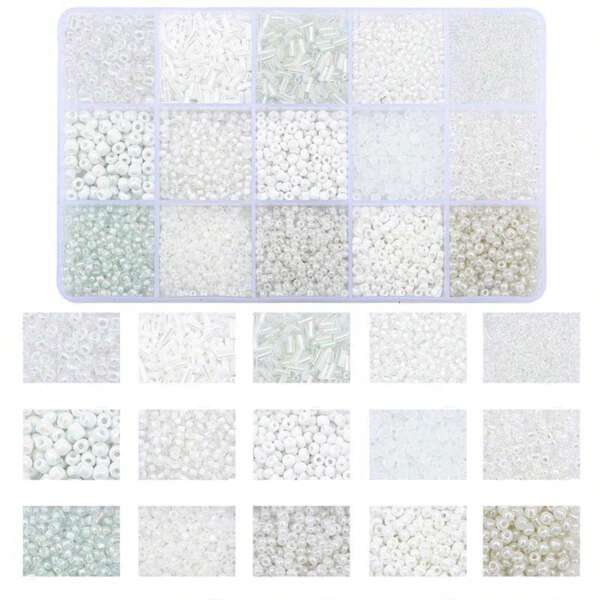 Kit de 15 couleurs de perles de verre mixées : perles de rocaille, perles tubes et perles tubulaires | Idéal pour la création de bijoux, les activités DIY et les projets de perles (mélange blanc axé)