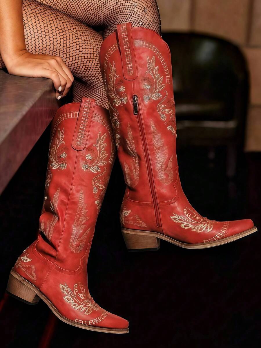 Stylish Red Cowgirl Outfits For Women Knee High Exquisite Country Concert Embroidery Pointed Toe Half Side Zipper Block Mid Heel Music Festivals Party Bar Concerts Dressy Long Combat Boots For Women - Đỏ - Xem 1