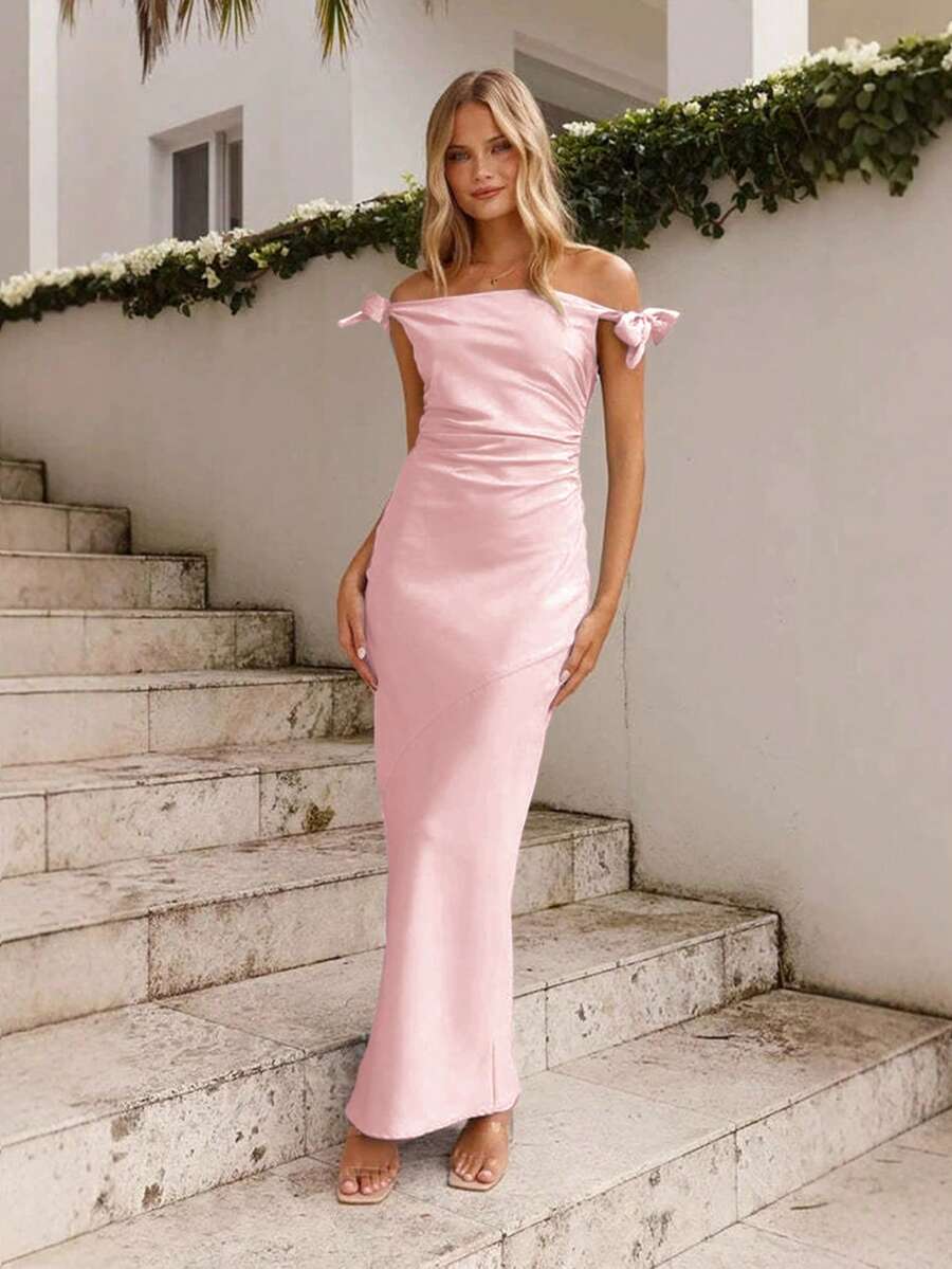 Women's Elegant Off Shoulder Tie Up Dress - Baby Pink - View 1