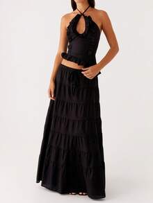 Y2k Maxi Skirt Set For Women Backless Lace Halter Top And Pleated Flowy Skirt Sets Beach Sheer Dress Summer 2 Piece Outfit Beach Set - 黑色 - 查看 3