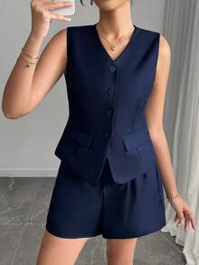 Frühling/Sommer Neu Modisch Elegantes Taillen raffendes Weste & Kurze Hose Set mit Gummibund, einfarbiger plissierter Anzug, geeignet für Strand, Abenddate, Büro, Zuhause, Straße, Garten und formelle Abendveranstaltungen