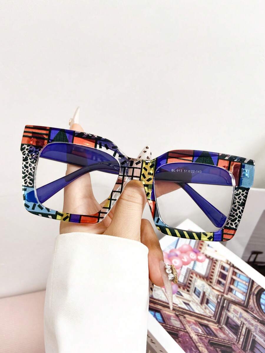 Nuevas gafas de montura grande con estampado floral colorido vintage de TR, sin receta, gafas decorativas sin receta de moda y estilo para amantes del streetwear, fotografía al aire libre y pasarela - Multicolor - Ver 1