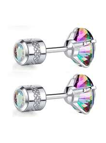 2 Pcs Vogue Titanium Steel Spiral Earrings Silver With Colored Zirconia, Hypoallergenic Zirconia Stud Earrings, Unisex Earrings, Graduation Season Gift For Friends