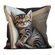 1pc Cute Cat Holding Phone Print Decorative Cushion Cover, Single-Sided, 17.7*17.7 Inches, 180gsm Soft Plush, 100% Polyester, Machine Washable, Zipper Closure, Suitable For Party Decor, Bedroom, Living Room, Sofa, Car Seat (Inner Pillow Not Included)