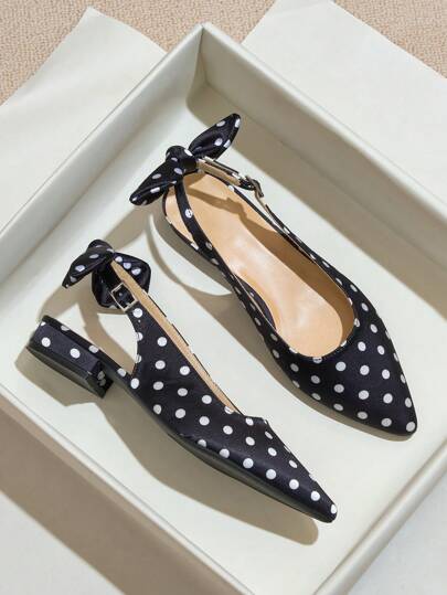 Damskie buty na grubym obcasie z satyny w groszki i szpiczastym noskiem, nowe czarne francuskie czółenka typu Mary Jane w stylu retro z kokardą i odkrytym tyłem, idealne na wiosenne i letnie sukienki