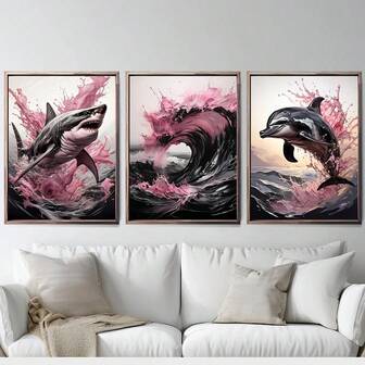 3 PIEZAS Pósters de arte de pared con animales marinos en negro y rosa, pintura de tiburón y delfín, decoración costera moderna y audaz para el hogar con opción de marco