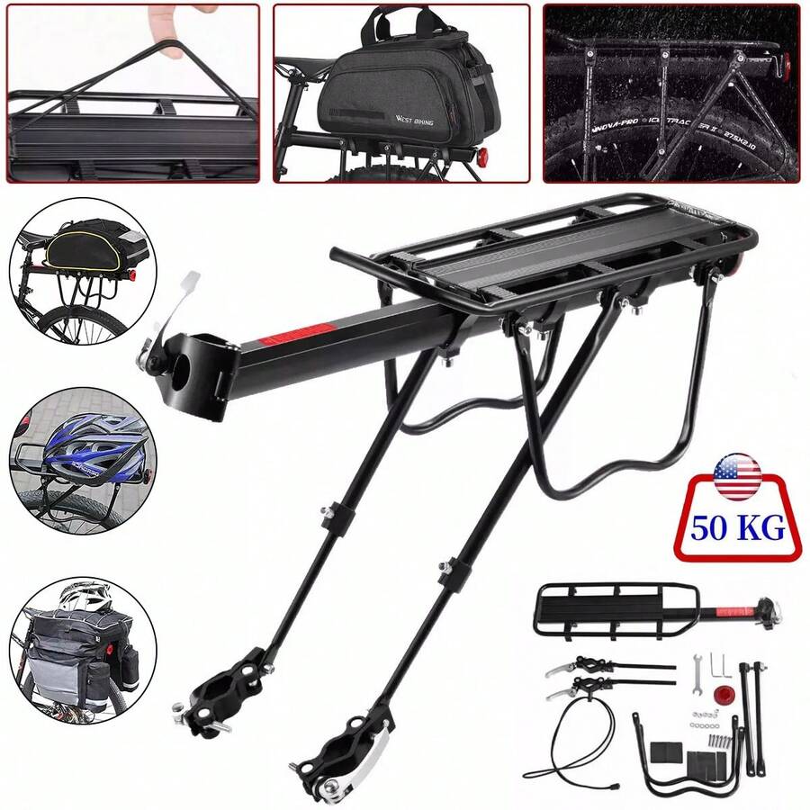 Universal Adjustable Bike Cargo Rack, Rear Bike Rack Cargo Rack Alloy Luggage Carrier Bicycle 110 Lbs Capacity Holder, Bicycle Luggage Carrier Racks With Reflective Logo - 黑色 - 查看 1