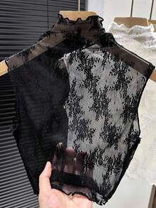 Lace Detachable Collar, Fashionable High Neck Frill Trim Mesh Camisole Top, Layering Sleeveless Tank Top - Black - View 5