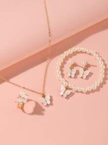 5pcs/Set Girls' Plastic Butterfly Necklace, Pearl Beaded Bracelet, Earrings, Ring Set, Decoration For Daily And Vacation