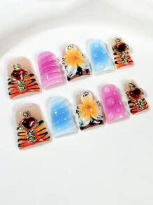 10pcs Duckbill 3D Blush Embossed Floral Leopard Print French Handmade Acrylic Press On Nails, Love Rhinestones Decorated Short Duckbill Fake Nails With Jelly Glue And Nail File, DIY Nail Art Supplies Valentine'S Day School Music Festival Travel