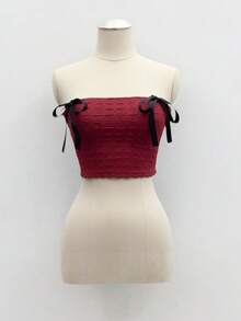 Sexy Bowknot Decor Cropped Tube Top - Burgundy - View 1