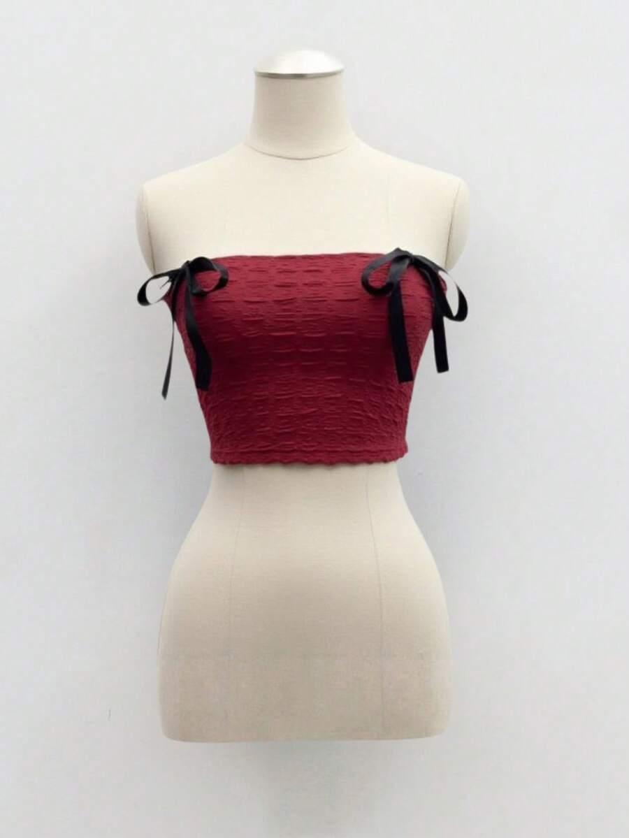 Sexy Bowknot Decor Cropped Tube Top - Burgundy - View 1