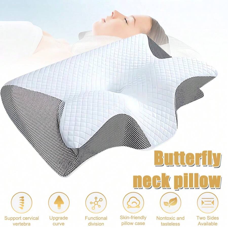 Butterfly Shape Memory Foam Pillow - Ergonomic Cervical Neck Support, Slow Rebound, Sleep Neck Pillow, Back And Side Sleeper Bedding, Promotes Correct Spinal Positioning, Low Allergy, Machine Washable Pillowcase