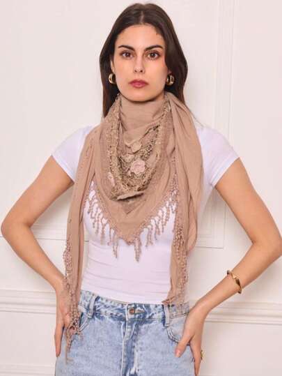 Polyester Fringed Triangle Scarf With Lace And 4 Flower Relief Design