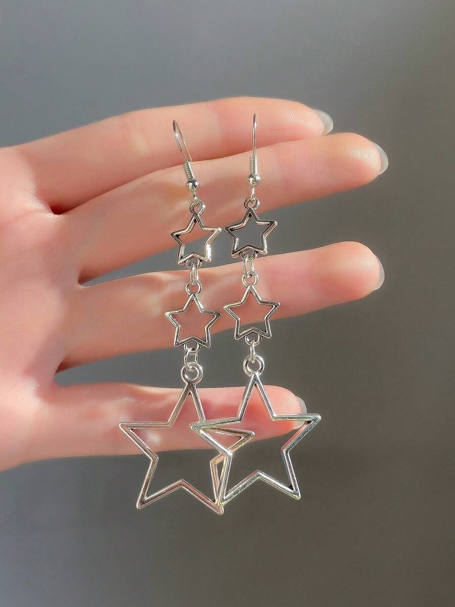 1 Pair Silver Multicolor Metal Hollow Star Earrings Suitable For Women's Daily Wear - Silver - View 1