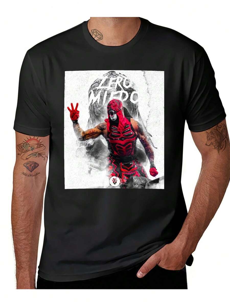 Plus Size Penta El Zero Miedo Pentagon Jr.- Lucha Libre Artwork T-Shirt- 180g Summer Clothes Plain Workout Shirts For Men Big & Tall Men Clothing - Black - View 1