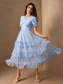 Elegant Lantern Sleeve Layered Ruffle Hem Mermaid Dress With Floral Trim, Romantic A-Line Dress - Baby Blue - View 3