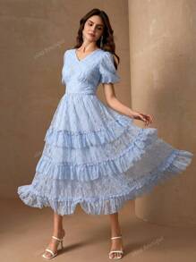 Vestido de sirena con volantes en las mangas de linterna y el bajo, con adorno floral, vestido de línea A romántico