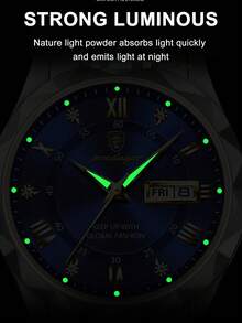 POEDAGAR 1件装时尚男士不锈钢防水夜光手表，带星期和日期显示功能，商务石英表，带表盒，休闲男士腕表，适合日常场合，男士礼物