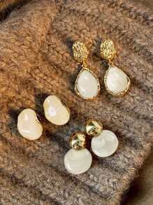 3 Pairs Vintage Elegant Soft Amber Resin Inlaid Earrings Set, High-End, Versatile For Daily, Party, Wedding Wear, Autumn/Winter