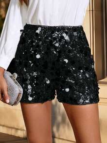 Women's Sequin Shorts Stylish Sparkle Elastic High Waist Shorts For Summer Spring - Black - View 2