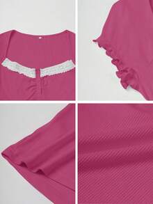 Y2K甜美休闲简约学院风修身纯色蕾丝拼接方领短袖针织T恤上衣，夏季