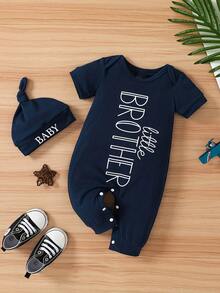 2pcs Men's Baby Letter Little Brother Fashion Printed Shoulder Short Sleeved Jumpsuit&Hat Summer Set